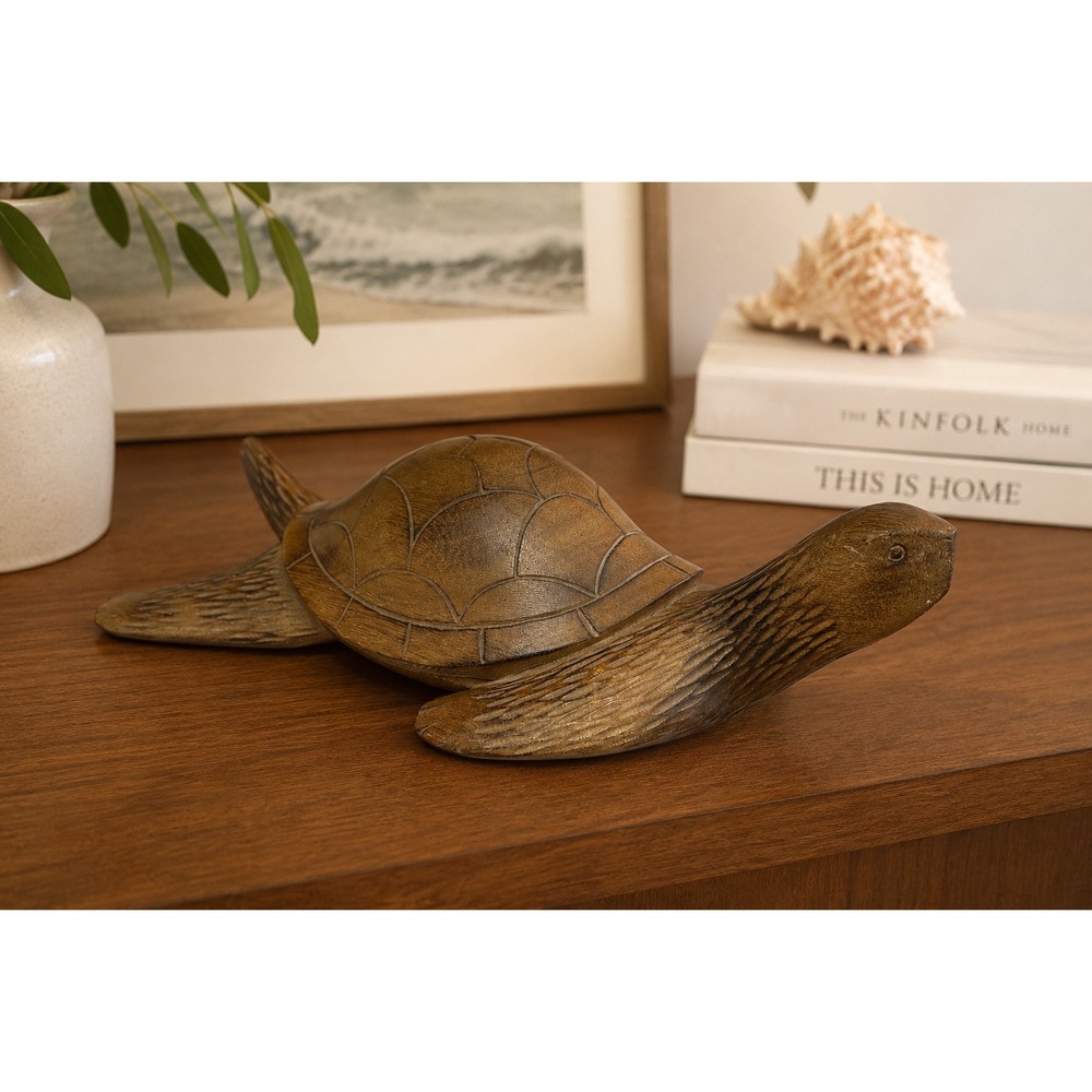 Vintage Philippines Hand Carved Wood Sea Turtle Coastal MCM Boho Decor